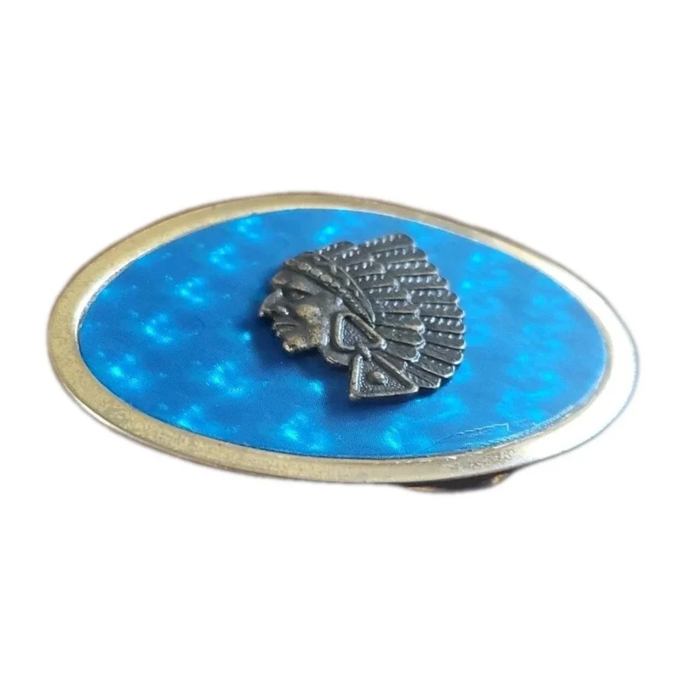 Indian Head Chief Belt Buckle Holographic Blue Silver Tone Distressed‎